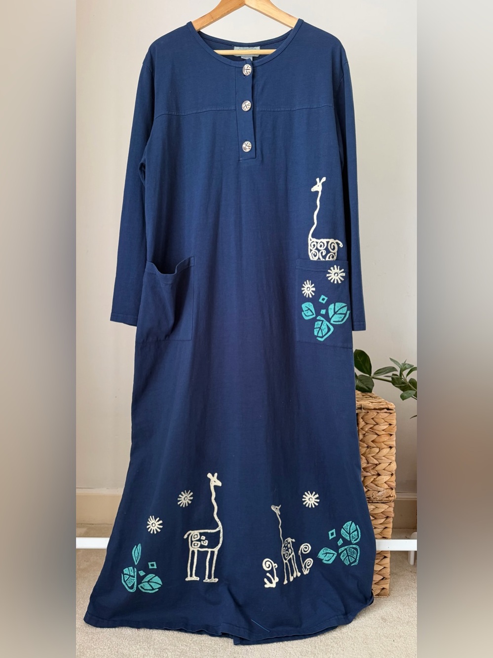 Women's Vintage Charlie E. Pete Navy Blue Cotton Maxi Dress Art Giraffe Large L